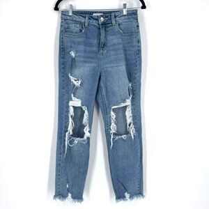 Cello Hi Rise Distressed Raw Hem Straight‎ Leg Jeans Blue Denim Size 5 destroyed